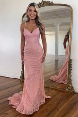 Blush Mermaid Lace Open Back Spaghetti Straps Long Prom Dress