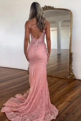 Blush Mermaid Lace Open Back Spaghetti Straps Long Prom Dress