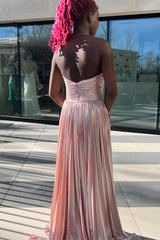 Blush Metallic Sweetheart Pleated Sheath Long Prom Dress