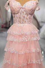 Blush Ruffled Off the Shoulder Princess Long Prom Dress