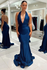 Dark Blue Mermaid Halter Backless Long Prom Dress