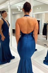 Dark Blue Mermaid Halter Backless Long Prom Dress