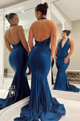 Dark Blue Mermaid Halter Backless Long Prom Dress
