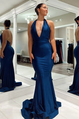 Dark Blue Mermaid Halter Backless Long Prom Dress