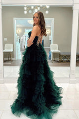 Dark Green A-Line Sweetheart Ruffle Tiered Long Prom Dress with Slit