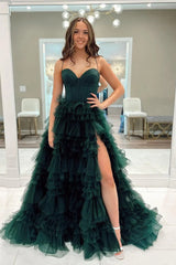 Dark Green A-Line Sweetheart Ruffle Tiered Long Prom Dress with Slit