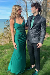 Dark Green Halter Ruffled Satin Sleeveless Long Prom Dress
