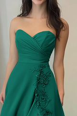 Dark Green Sweetheart A Line Satin Appliqued Long Prom Dress with Slit