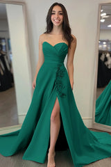 Dark Green Sweetheart A Line Satin Appliqued Long Prom Dress with Slit