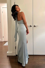 Dusty Blue High Neck Sheath Satin Long Prom Dress with Slit