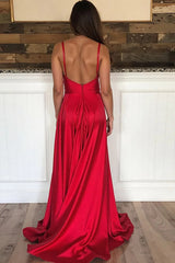 Elegant Red Satin Spaghetti Straps Long Prom Dress with Slit