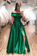 Emerald Green A-Line Off Shoulder Satin Long Prom Dress with Slit