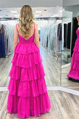 Fuchsia Ruffled Spaghetti Straps A-Line Long Prom Dress