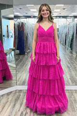 Fuchsia Ruffled Spaghetti Straps A-Line Long Prom Dress