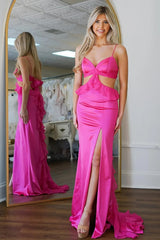 Fuchsia Satin Sheath Spaghetti Straps Cut-Out Long Prom Dress with Ruffles