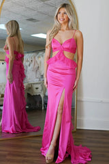 Fuchsia Satin Sheath Spaghetti Straps Cut-Out Long Prom Dress with Ruffles