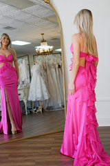 Fuchsia Satin Sheath Spaghetti Straps Cut-Out Long Prom Dress with Ruffles