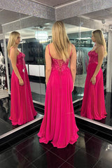 Fuchsia Spaghetti Straps A-Line Tulle Long Prom Dress with Appliques