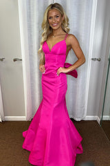 Fuchsia Spaghetti Straps Mermaid Long Prom Dress with Bow