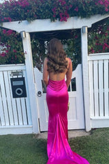 Fuchsia Spaghetti Straps Mermaid Satin Backless Long Prom Dress
