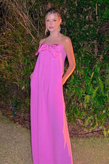 Fuchsia Strapless Column Satin Long Prom Dress with Bow