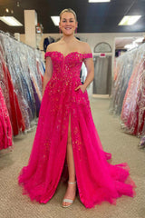 Fuchsia Tulle Off the Shoulder A-Line Applique Long Prom Dress