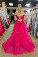 Fuchsia Tulle Off the Shoulder A-Line Applique Long Prom Dress