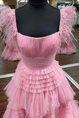 Glitter Pink Spaghetti Straps Appliques Tiered Long Prom Dress with Slit