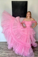 Glitter Pink Spaghetti Straps Appliques Tiered Long Prom Dress with Slit