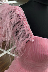 Glitter Pink Spaghetti Straps Appliques Tiered Long Prom Dress with Slit