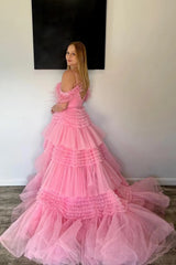 Glitter Pink Spaghetti Straps Appliques Tiered Long Prom Dress with Slit