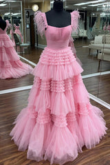 Glitter Pink Spaghetti Straps Appliques Tiered Long Prom Dress with Slit