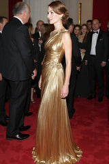 Gold A-Line Metallic Satin One Shoulder Pleated Long Prom Dress