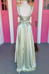 Bright Green Spaghetti Straps Column Satin Backless Long Prom Dress