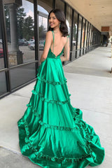 Green A-Line V-Neck Satin Ruffled Long Prom Dress