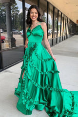 Green A-Line V-Neck Satin Ruffled Long Prom Dress