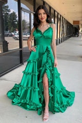 Green A-Line V-Neck Satin Ruffled Long Prom Dress
