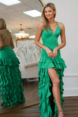 Green Backless Ruffled Long Prom Dress with Slit