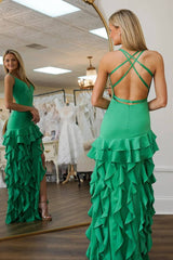 Green Backless Ruffled Long Prom Dress with Slit