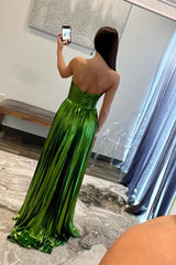 Green Metallic Strapless Sheath Pleated Long Prom Dress