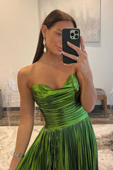 Green Metallic Strapless Sheath Pleated Long Prom Dress