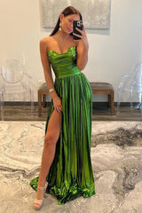 Green Metallic Strapless Sheath Pleated Long Prom Dress