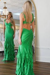 Green Ruffled Mermaid Satin Long Prom Dress