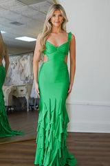 Green Ruffled Mermaid Satin Long Prom Dress