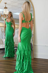 Green Ruffled Mermaid Satin Long Prom Dress