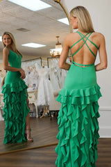 Green Sheath Spaghetti Straps Satin V-Neck Tiered Long Prom Dress