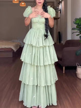 Green Square Neck Ruffled Long Prom Dress with Puff Sleeves