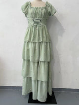 Green Square Neck Ruffled Long Prom Dress with Puff Sleeves