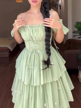 Green Square Neck Ruffled Long Prom Dress with Puff Sleeves