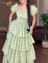 Green Square Neck Ruffled Long Prom Dress with Puff Sleeves